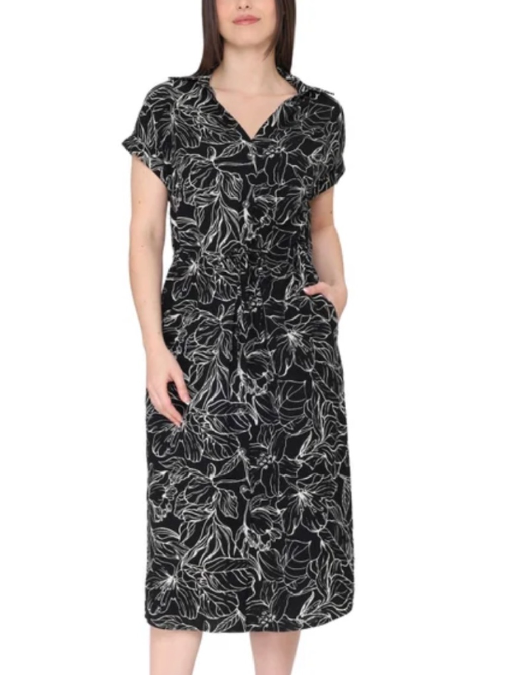 Jewel Badgley Mischka Womens Floral Button Front Tie Waist Midi Dress XS